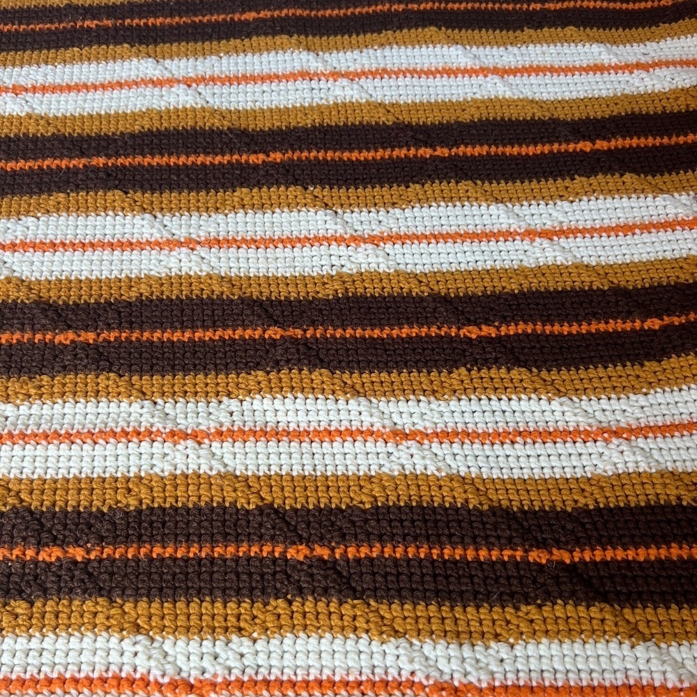 Vintage 70s Fall Autumn Orange Brown Knit Crochet Fringe Blanket Throw